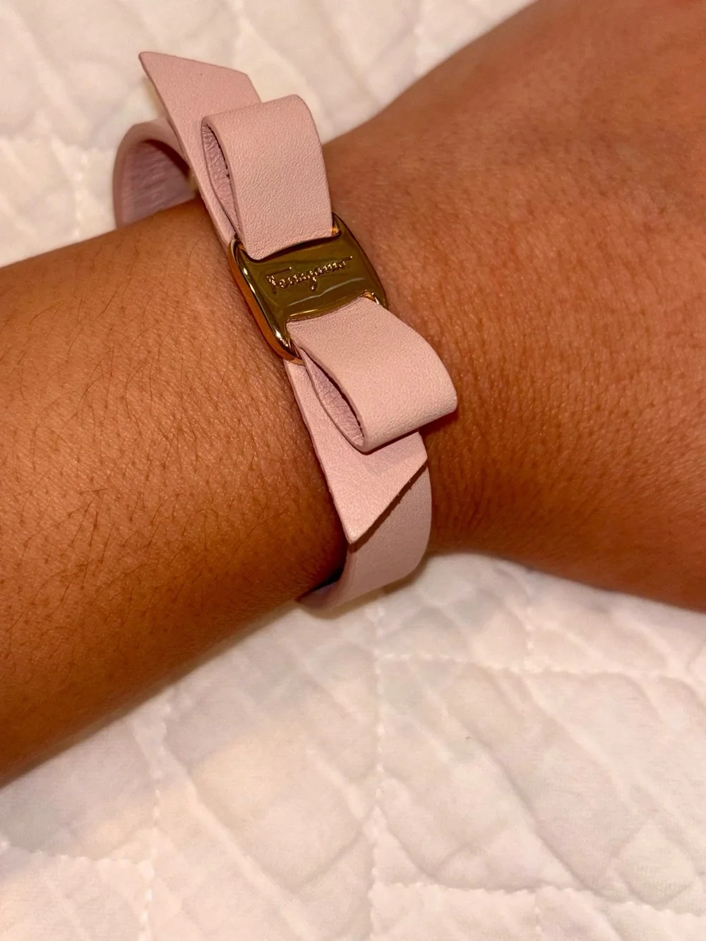 Salvatore Ferragamo Pale Pink Leather Vara Bow Bracelet with Gold Hardware
